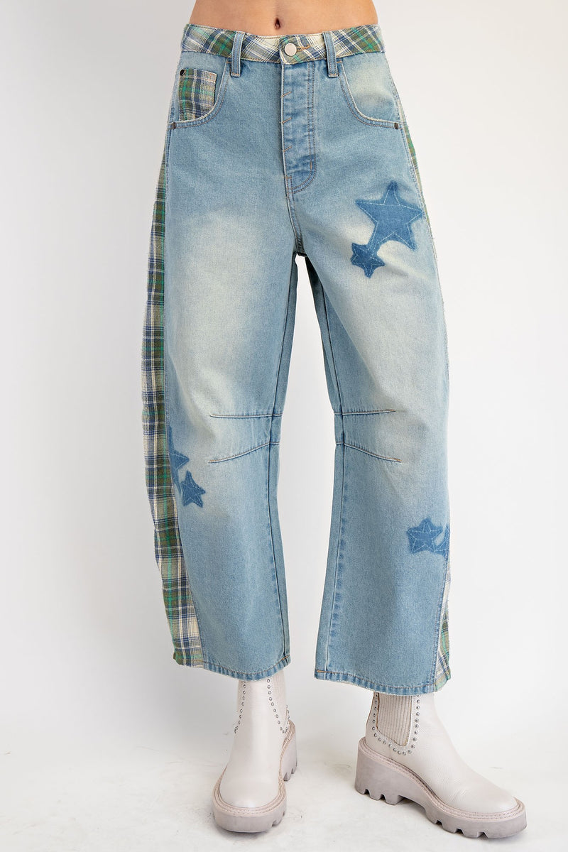 Washed Denim Plaid Mix Star Barrel Pant