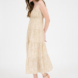 Khaki Abstract Print Tiered Maxi Dress