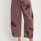 Vintage Wine Star Print Denim Barrel Pant