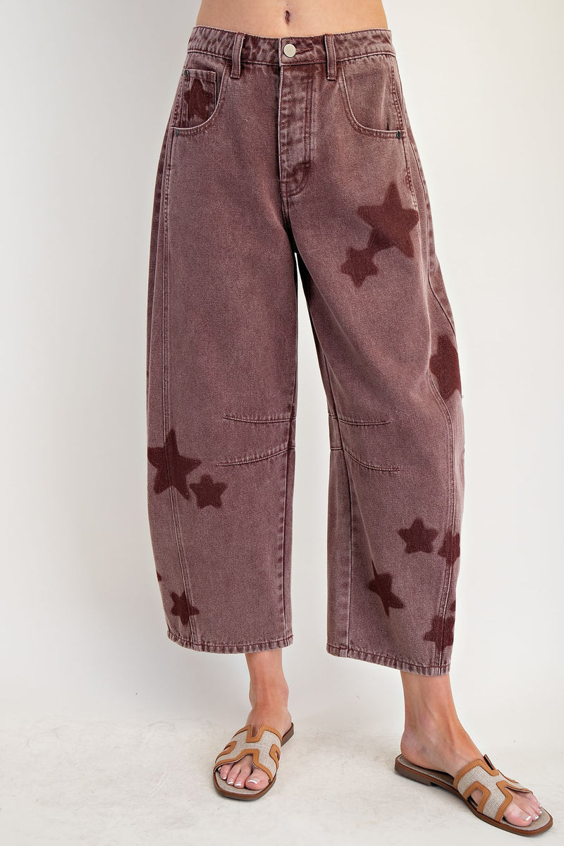 Vintage Wine Star Print Denim Barrel Pant