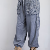 Washed Denim Ethnic Mix Print Mineral Wash Pant