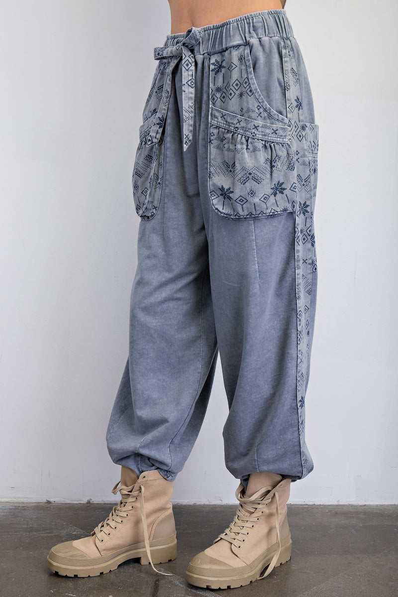 Washed Denim Ethnic Mix Print Mineral Wash Pant