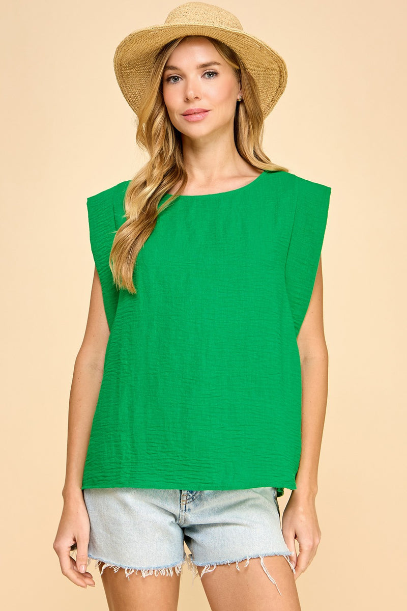 Woven Round Neck Cap Sleeve Top