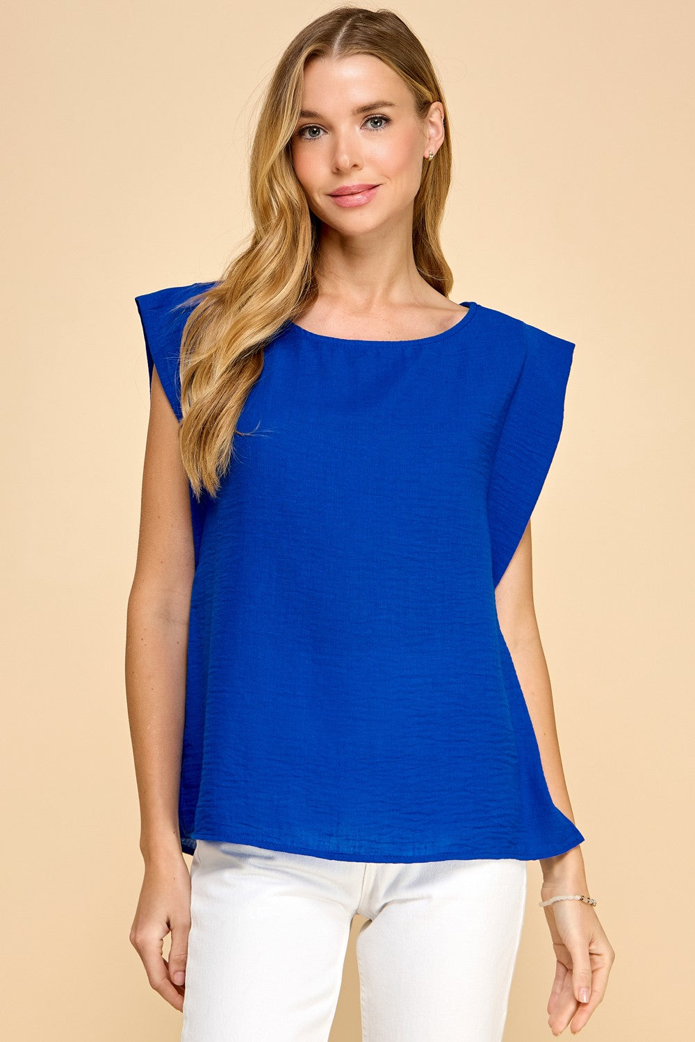 Woven Round Neck Cap Sleeve Top
