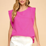 Woven Round Neck Cap Sleeve Top