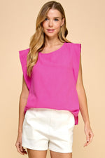 Woven Round Neck Cap Sleeve Top