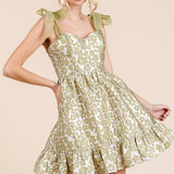 Sage Floral Jacquard Mini Sun Dress with Tie