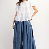Wash Dark Denim Pleated Palazzo Wide Leg