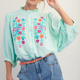 Mint Embroidered Cotton Gauze Ruffle Trim Shirt