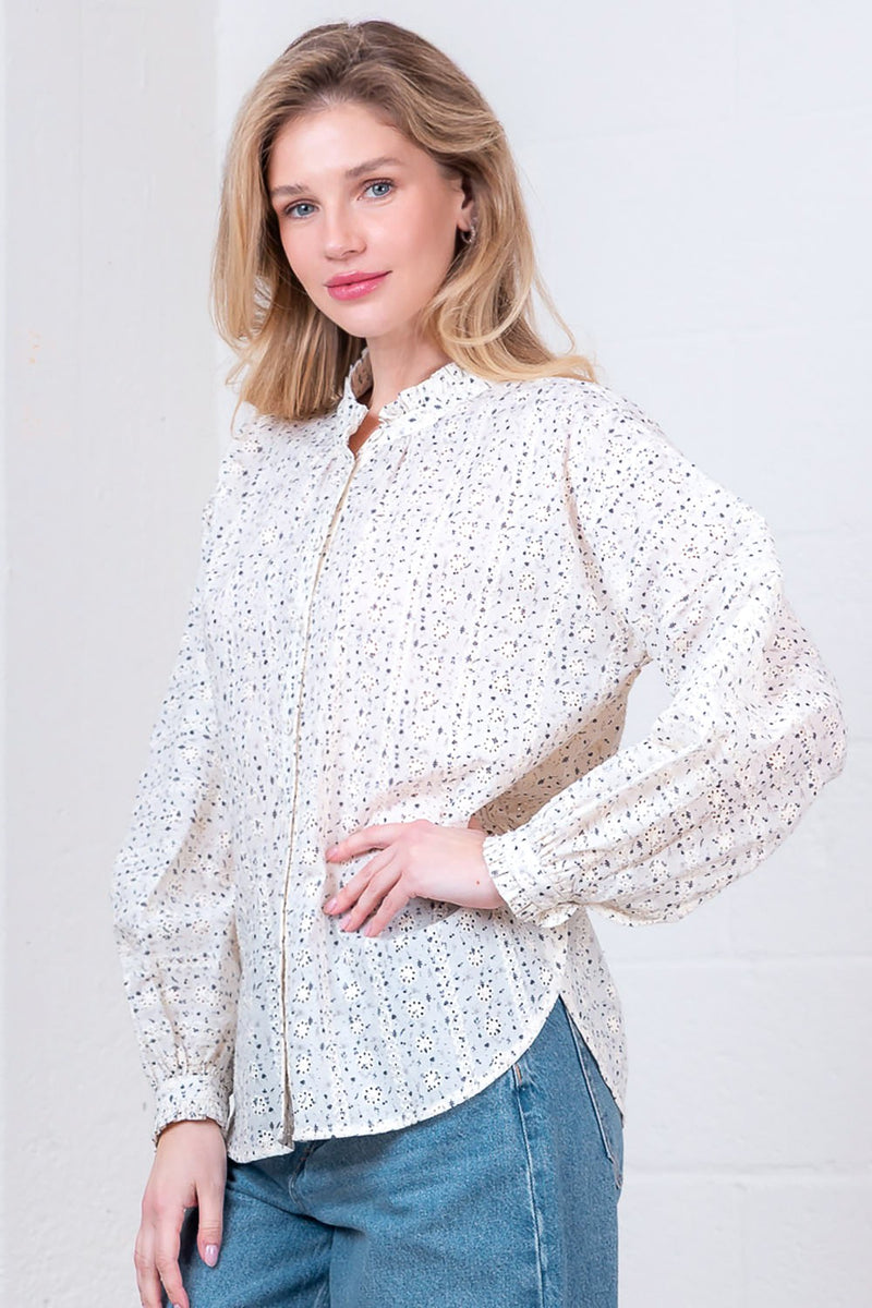 White Multi Dot Print Button Down with Ruffle Collar