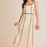 Cream Square Neck Contrast Piping Flare Hem Dress