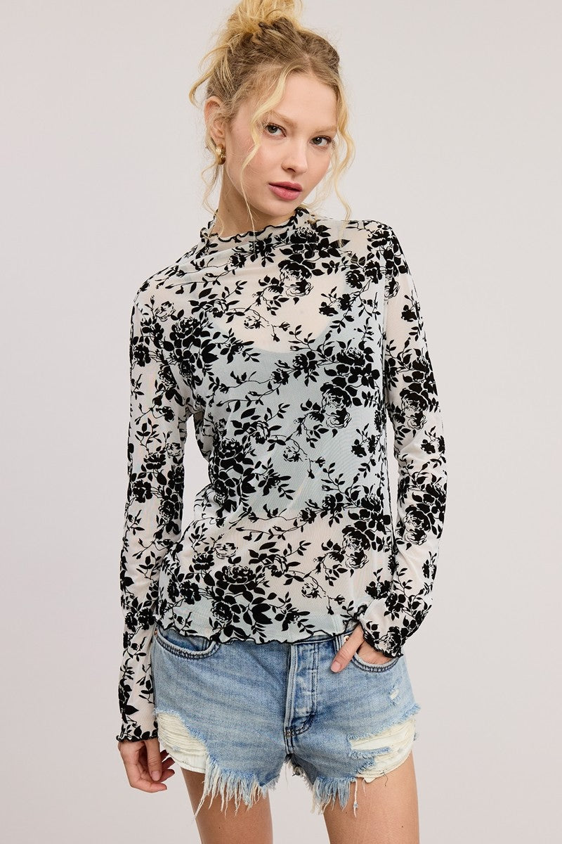 White + Black Floral Velvet Lace Mesh