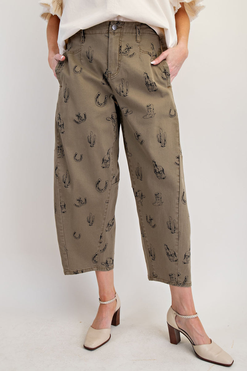 Olive Western Printed Barrel Pant