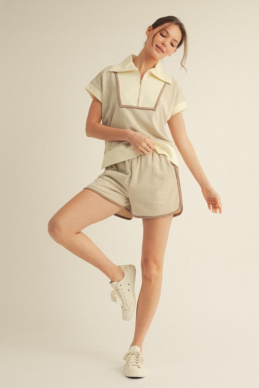 Beige Color Block Quarter Zip Set