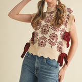 Wine Scallop Edge Floral Tie Sweater Vest