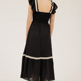 Black Smock Bodice Midi Dress with Crochet Trim