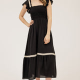 Black Smock Bodice Midi Dress with Crochet Trim