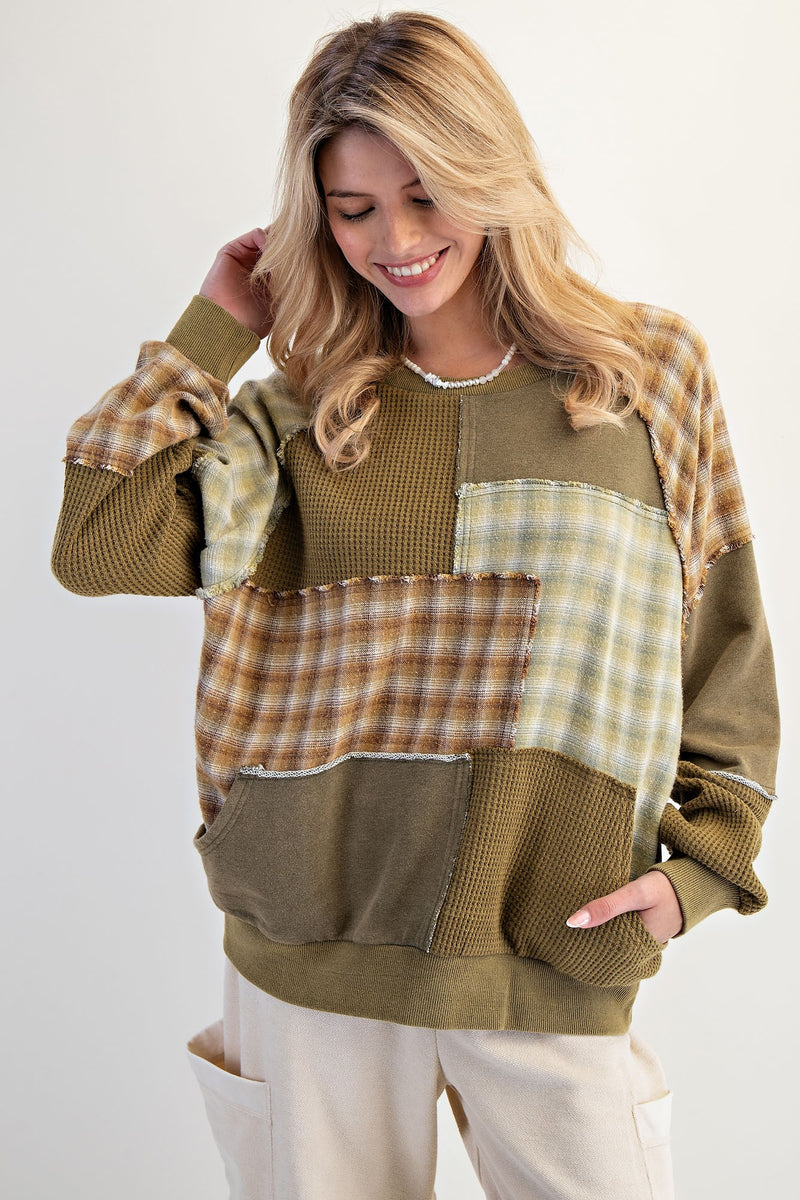 Olive Thermal Patchwork Mix & Match Pullover