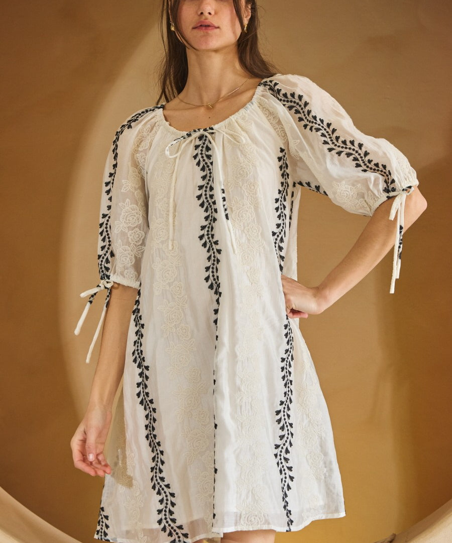 Ivory + Black Embroidered Lace Flare Dress The Red Raccoon Ivory + Black Embroidered Lace Flare Dress The Red Raccoon