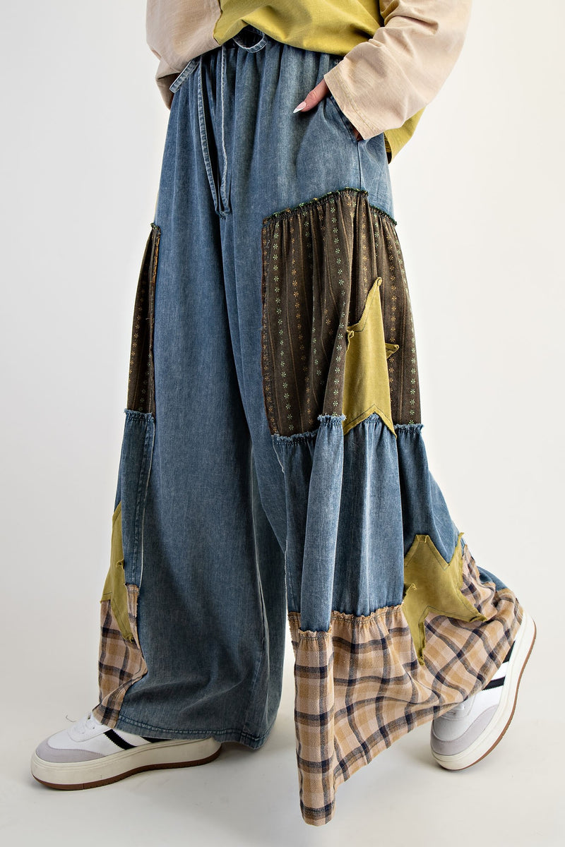 Washed Denim + Lime Star Patchwork Palazzo Pant