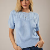 Dusty Blue Cable Puff Short Sleeve Sweater