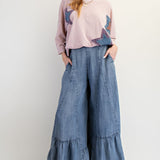 Ruffle Hem Denim Palazzo Pant