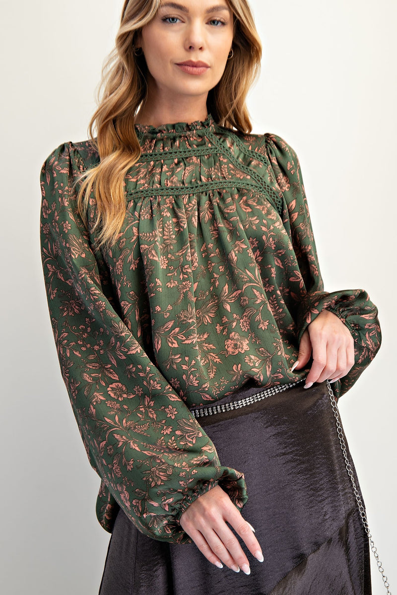 Olive Elegant Floral Satin Smock Blouse