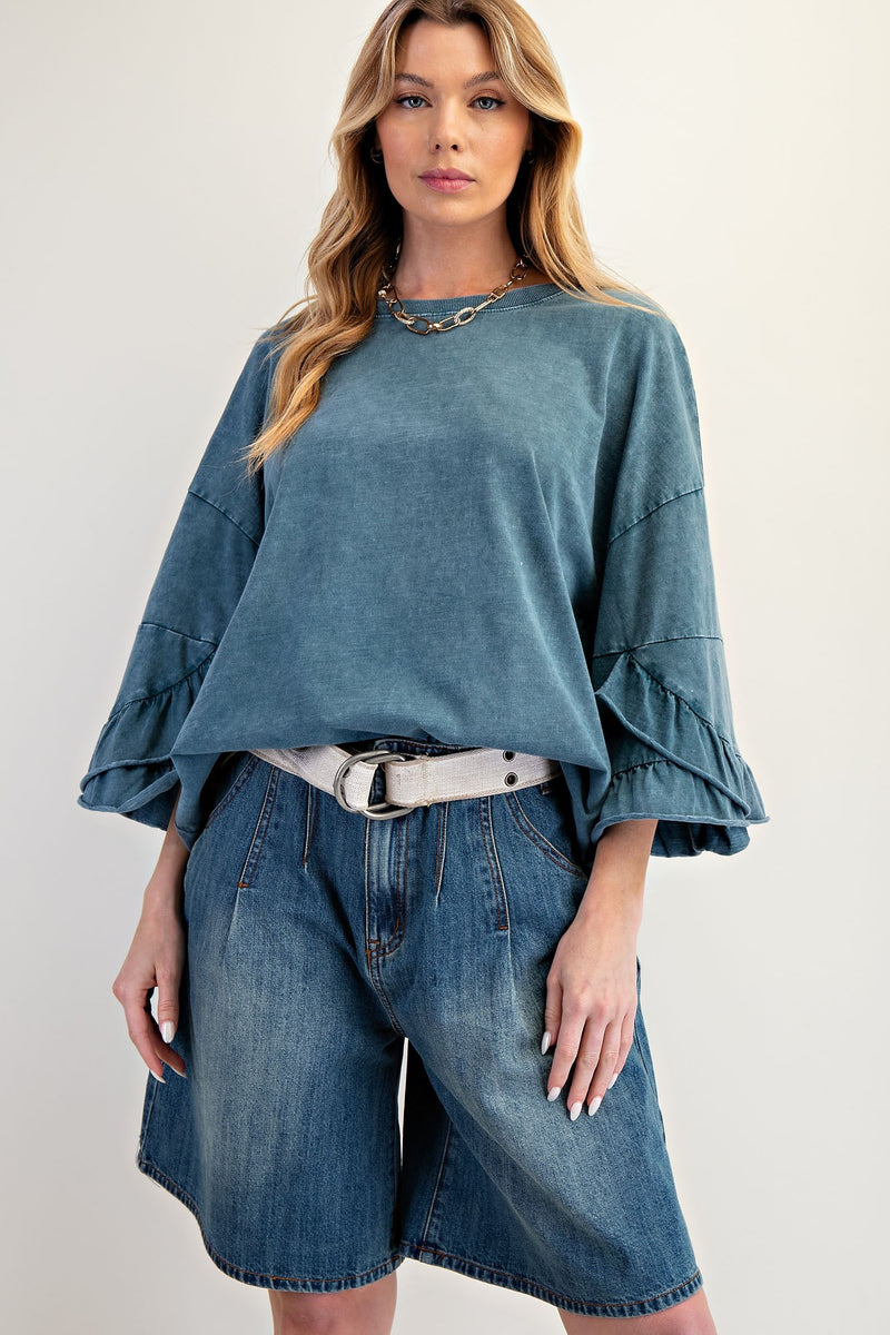 Wash Teal Ruffle Wing Top