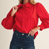 Red Flutter Collar Button Down Blouse