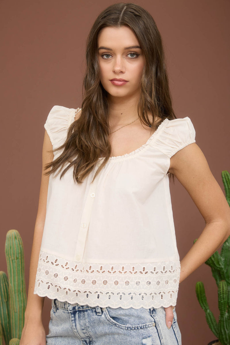 Oatmeal Eylet Lace Trim Button Detail Blouse