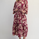 Wine Floral Fields Tiered Long Sleeve Dress