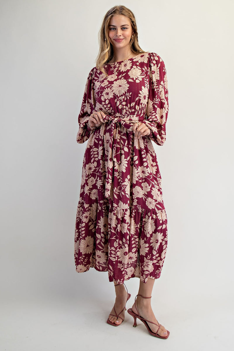 Wine Floral Fields Tiered Long Sleeve Dress