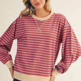 Red + Grey Stripe Crew Contrast Hem