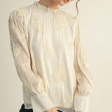 Ivory Chic Embroidered Blouse with Flutter Neckline