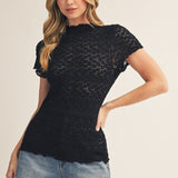 Black Mock Neck Fitted Floral Lace Top