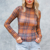 Camel Plaid Mock Neck Sheer L/S