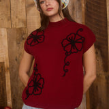 Burgundy + Black Floral Mock Neck Sweater Vest