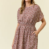 Cognac Floral Vine Printed Plisse Dress