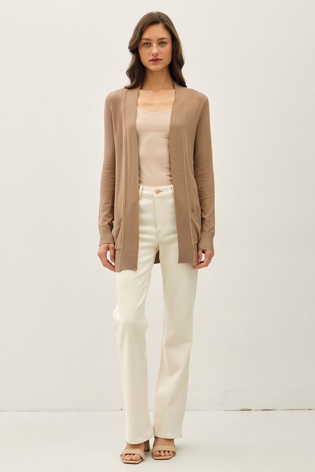 Open Front Cardigan with Rib Trim & Pockets