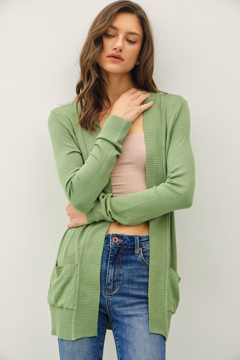 Open Front Cardigan with Rib Trim & Pockets