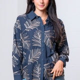 Navy Botanical Button Down Long Sleeve