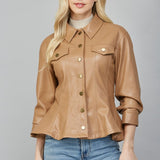 Camel Faux Leather Peplum Jacket with 3/4 Sleeve