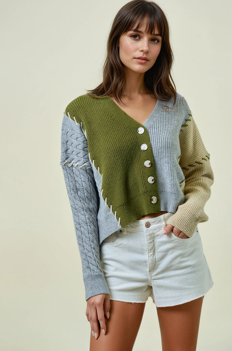 Olive + Grey Piece & Patch Button Cardigan