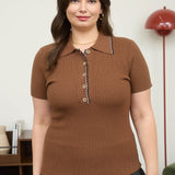 Brown Collared Whip Stitch Button Top