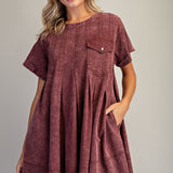 Washed Wine Denim Pleated Dress with Pocket