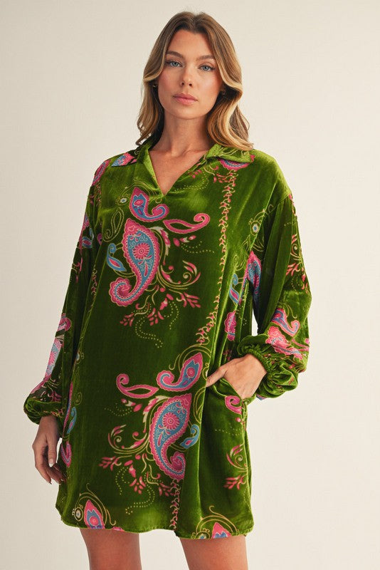 Avocado Green Velvet Paisley Posh Dress