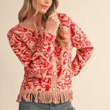 Coral Floral Knit Fringe Sweater Cardigan