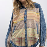 Denim Flutter Trim Mix Fabric Button Up Shirt