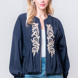 Navy Embroidered Zipper Bubble Jacket