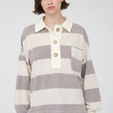 Taupe Hacci Wide Stripe Cozy Button Pullover